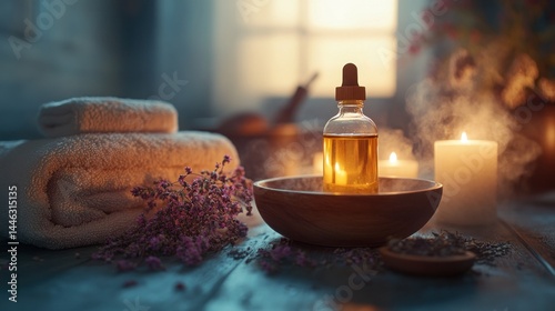 Spa aromatherapy essential oil, candles, towels