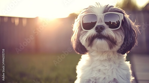 Stylish dog wearing sunglasses in a sunlit garden.