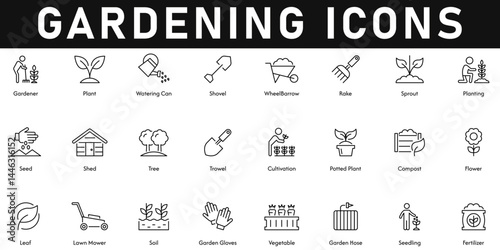 gardening Icons vector illustration with thin line editable stroke containing fertilizer, seedling, vegetable, soil, leaf, flowers, trowel, shed, planting, sprout, rake, shovel, plant, tree, seed.