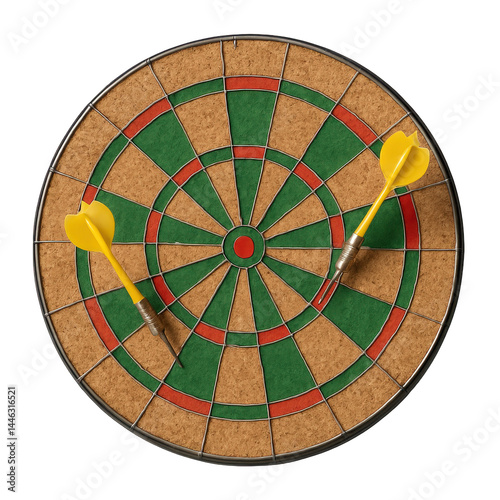 Aim for the bullseye on this classic cork dartboard featuring vibrant green and red rings, ready with two yellow darts.