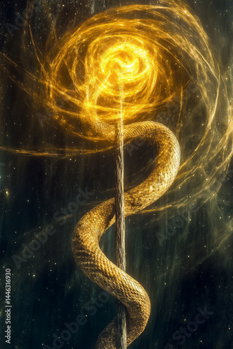 Golden serpent entwined around a glowing staff in cosmic space, symbol of transformation and spiritual awakening