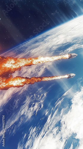 Rocket Boosters Leaving Earth. Exploration and human progress. Visual metaphor for ambition, departure from limits, and entering the unknown.