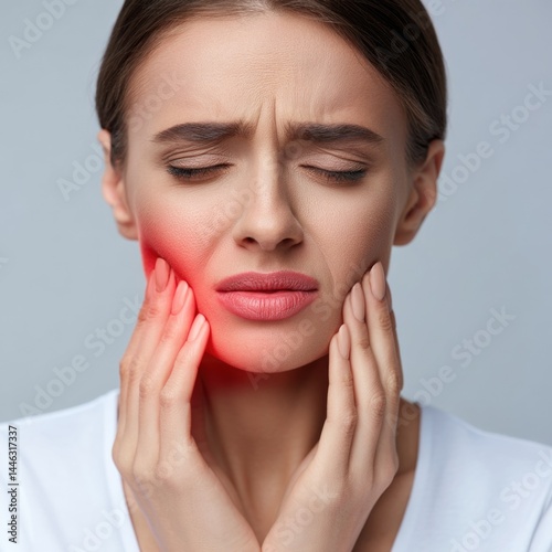 Tooth pain: woman face, sore jaw, red spot, aching mouth, cheek pressure, dental issue, painful look, oral tension, close view, visible suffering.