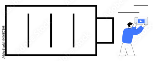 Large battery symbol alongside a person holding a tablet with a play button, suggesting energy, technology, and multimedia. Ideal for technology, efficiency, sustainability, productivity, innovation