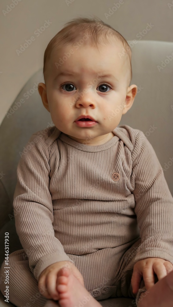 a baby sitting on a chair looking at the camera a baby sitting on a chair looking at the camera