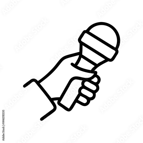 Hand with microphone, public speaking or media, thin line vector icon with transparent background