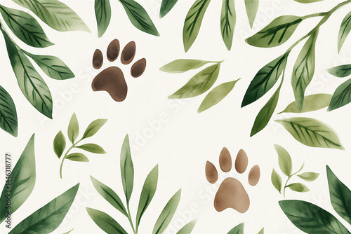 Paw prints among watercolor leaves on light background