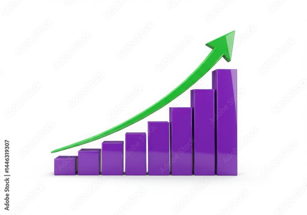 Purple bar graph with upward green arrow isolated Purple bar graph with upward green arrow isolated