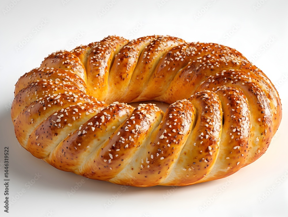 A delicious golden-brown braided bread sprinkled with sesame seeds sits on a bright white background. A delicious golden-brown braided bread sprinkled with sesame seeds sits on a bright white background.