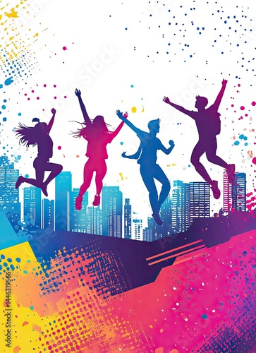 Vibrant vector background for Youth Day, featuring silhouettes of teenagers in dynamic poses with colorful geometric shapes and text space