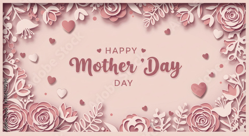 Happy mother's day floral background with hearts and flowers paper cut style greeting card template design