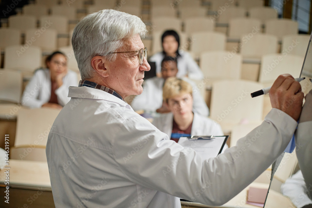 © Seventyfour - Side view portrait of senior college professor writing on digital board while teaching class in lecture hall to medical students © Seventyfour - Side view portrait of senior college professor writing on digital board while teaching class in lecture hall to medical students