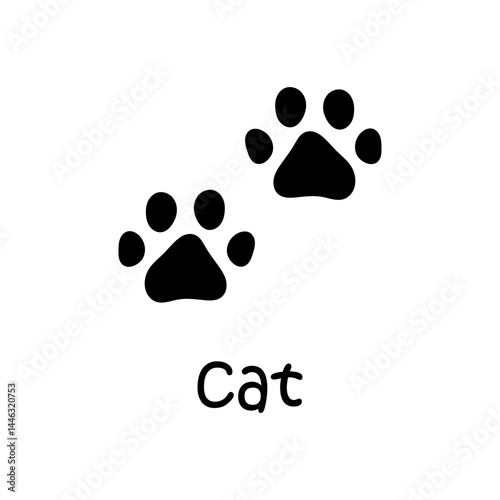 Vector paw trail of animal footprint card with text. Cat tracks clipart. Black silhouette illustration with word Cat.