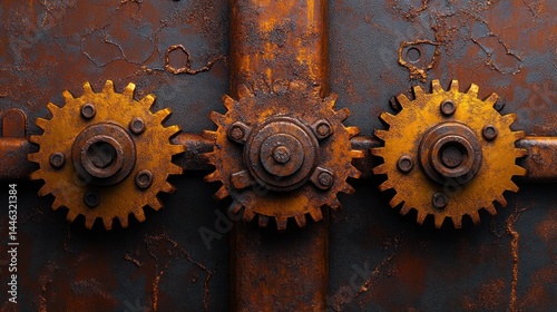 Rusty gears on weathered metal