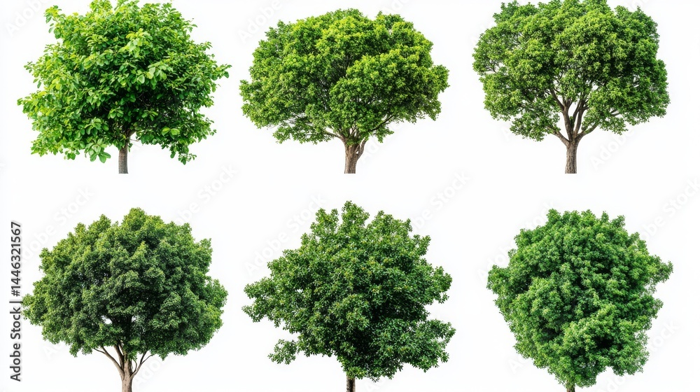 Fototapeta premium This stock illustration, titled Treetop, depicts six unique tree canopies isolated on a transparent background, viewed from directly above