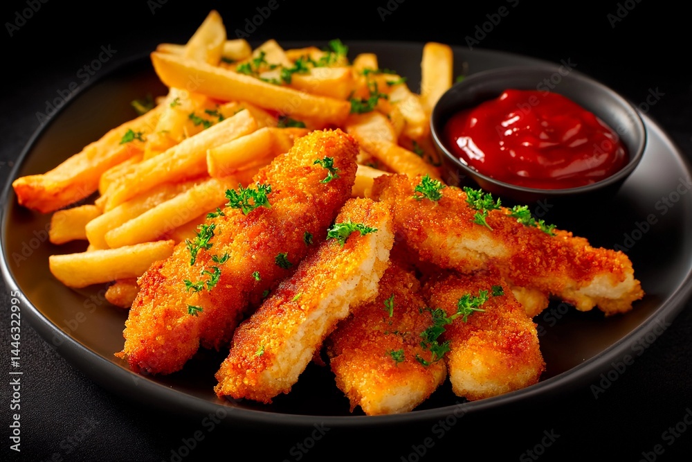 Fototapeta premium A serving of crispy fried chicken strips sits beside golden French fries on a black plate, accompanied by a small bowl of ketchup and garnished with parsley