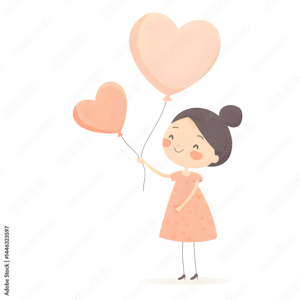 Cute clip art illustration of a smiling mother holding a heart-shaped balloon, flat pastel colors, minimal shading, isolated on white background. Cute clip art illustration of a smiling mother holding a heart-shaped balloon, flat pastel colors, minimal shading, isolated on white background.