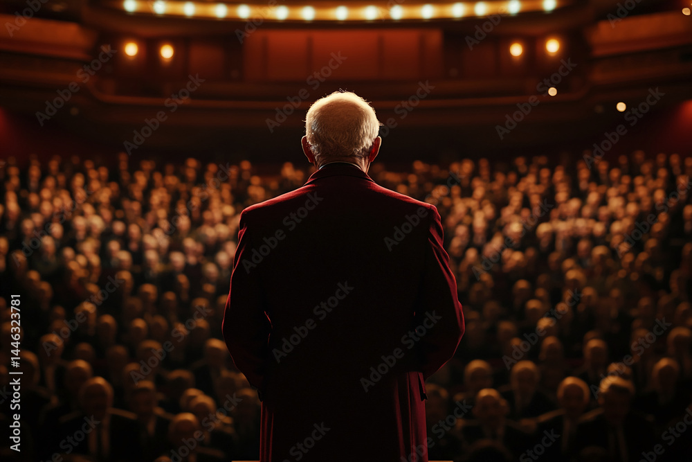 Speaker's back, facing large audience in dark theater, red coat, symbolic of public speaking, presentation, leadership, and connection Speaker's back, facing large audience in dark theater, red coat, symbolic of public speaking, presentation, leadership, and connection