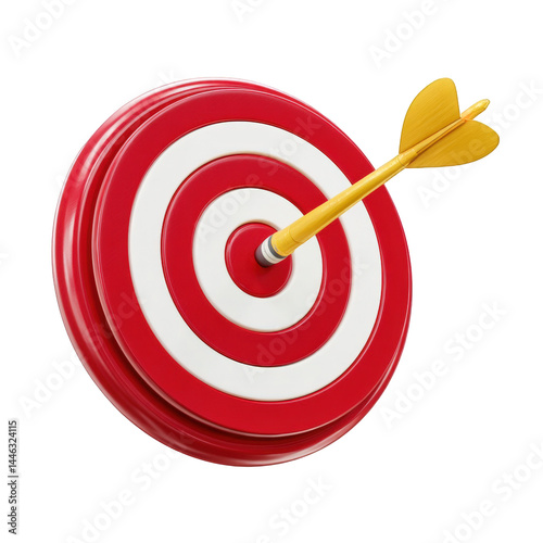 Red and white dartboard target with golden arrow hitting bullseye center on transparent background