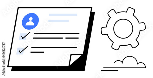 User profile sheet with completed checklist next to gear and cloud, symbolizing organization, user tasks, app settings. Ideal for productivity, planning, workflow, management, app setup system