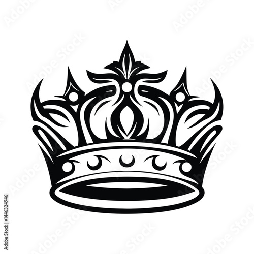 Ornate Black Crown Illustration, Royal Symbol, Isolated on White Background,Detailed Design