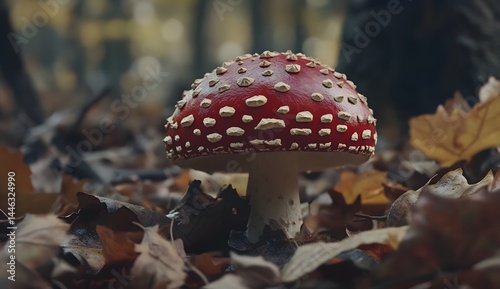 Close-up of a vibrant fly agaric mushroom in autumn leaves.