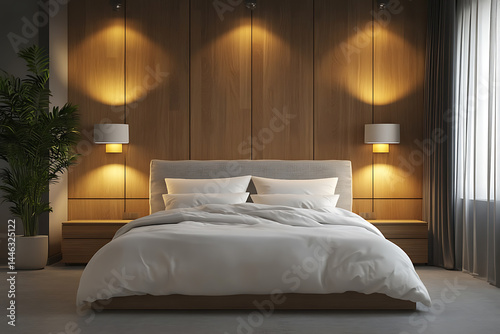 Wallpaper Mural Sleek and serene bedroom featuring a bed with white linens and a wood paneled wall backdrop. Torontodigital.ca