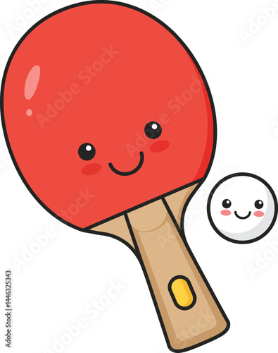 Cute smiling ping pong paddle with happy ball vector illustration in playful style 