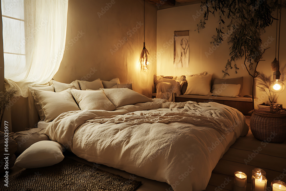 Fototapeta premium Serene bedroom interior with natural light filtering through a window, highlighting soft textiles.
