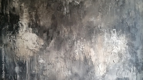 Textured grey and white concrete wall, with drips and splatters.  Abstract design, mottled appearance