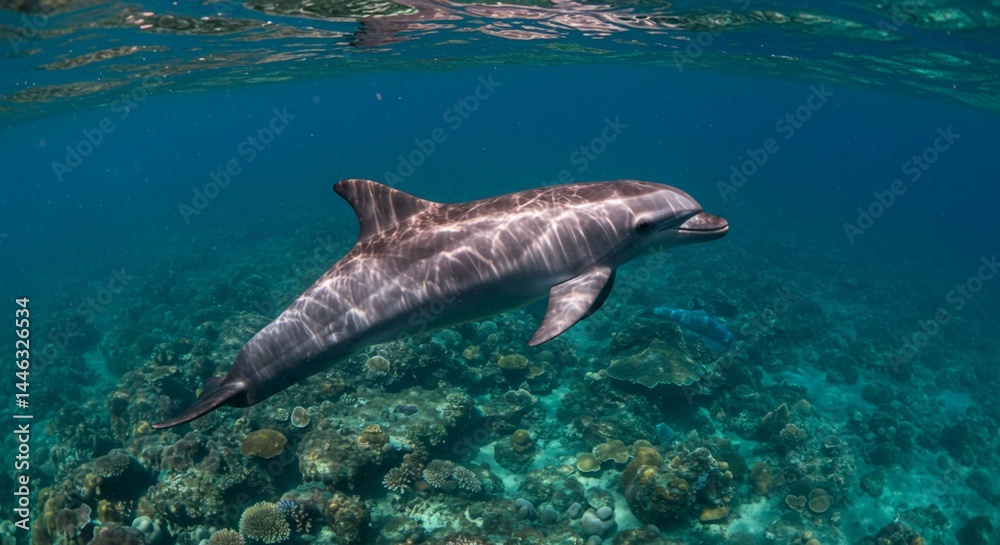 Fototapeta premium A dolphin swims gracefully over a vibrant coral reef in clear turquoise ocean water near the surface