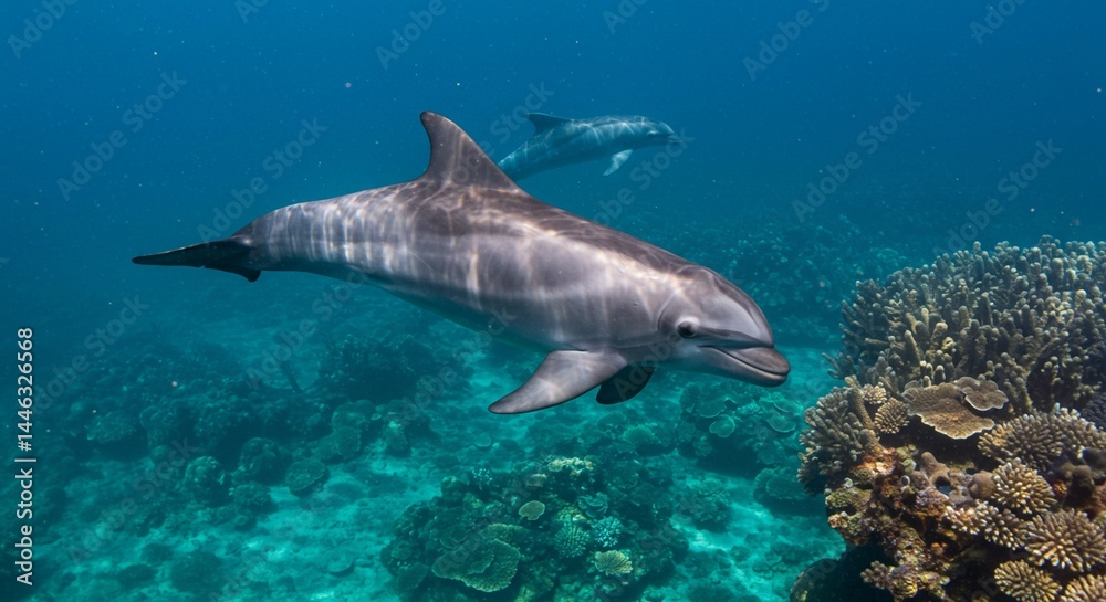 Naklejka premium Two dolphins swimming gracefully in clear blue ocean water near a vibrant coral reef system