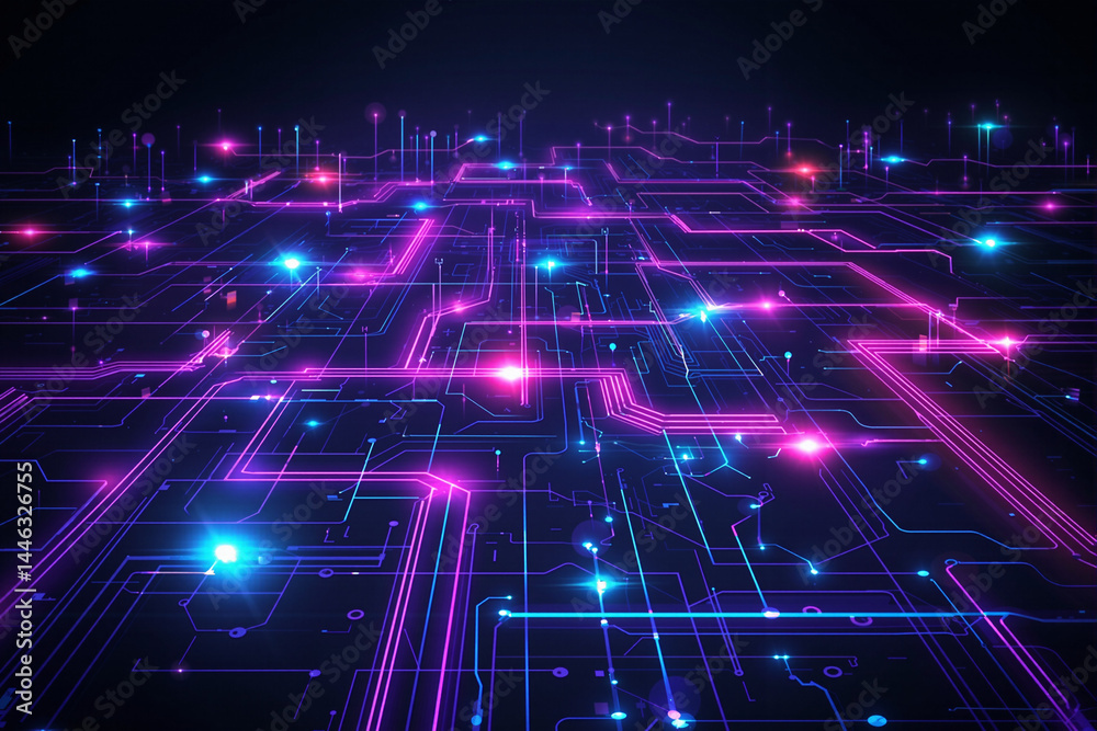 Futuristic circuit board pulsating with pink and blue lights Futuristic circuit board pulsating with pink and blue lights