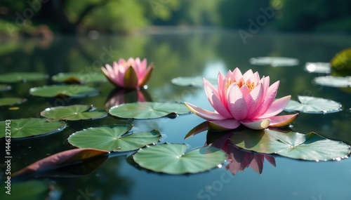 Water lilies bloom in a serene lake, creating a floral pattern on its surface , organic, calm