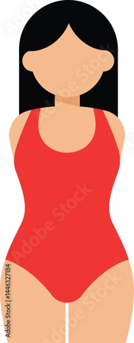 Woman wearing red swimsuit flat style vector illustration with long black hair and minimalistic design 