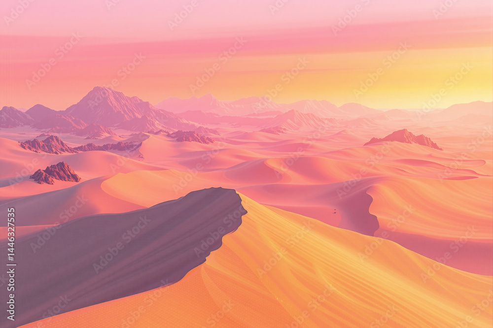 Naklejka premium Sand dunes stretching into the distance under a pink and orange sky