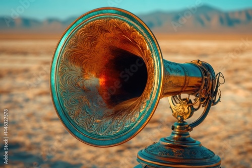 An antique gramophone stands prominently in a vast desert, its golden horn reflecting the arid landscape.