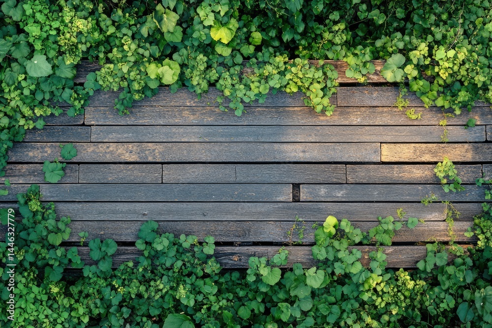 Naklejka premium A top-down view of a rustic wooden walkway bordered by lush green plants creating a nature-filled scene with a calming atmosphere.