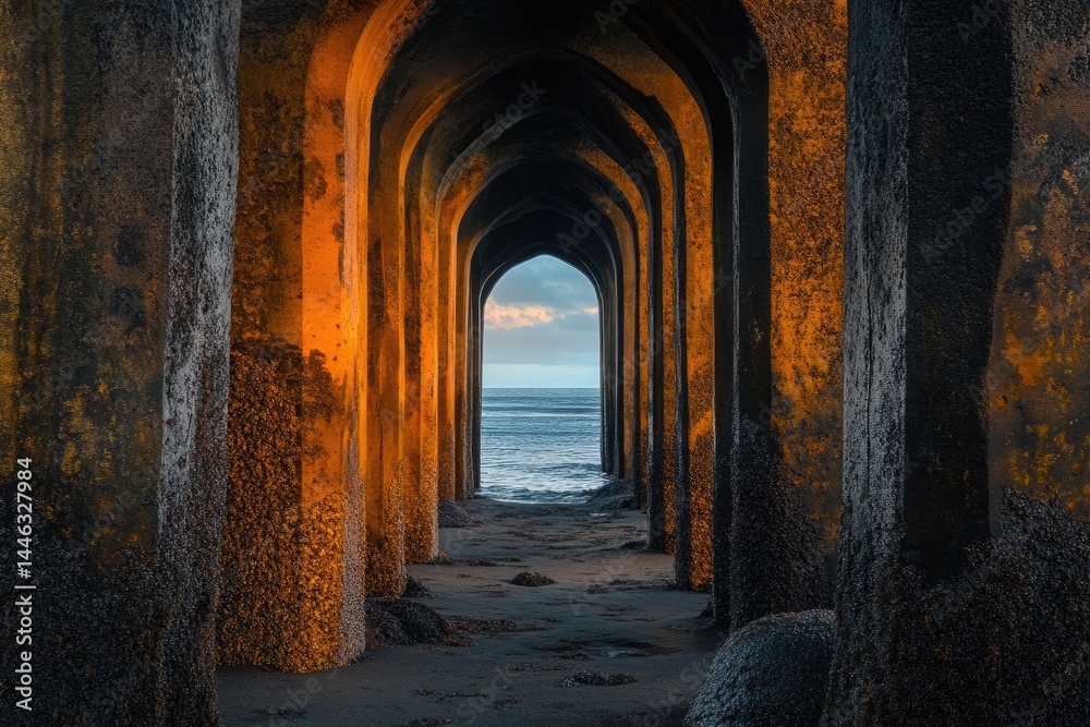 Fototapeta premium Arched corridor leads to ocean view with sky. Golden pillars stand in contrast to cool tones of water.