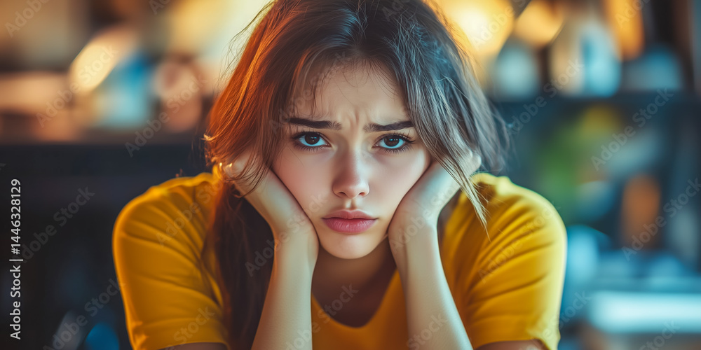 Fototapeta premium Young woman looking pensive and worried with hands on face