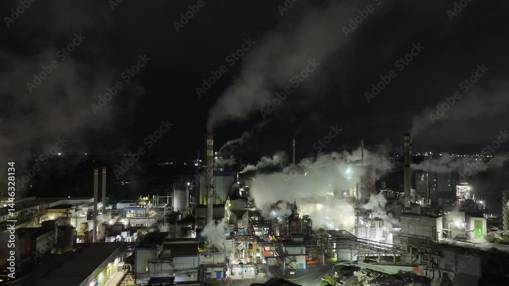 vídeo 4k com drone mostra imponente estrutura industrial de papel e celulose operando à noite, com destaque para a tecnologia envolvida e a emissão constante de vapores