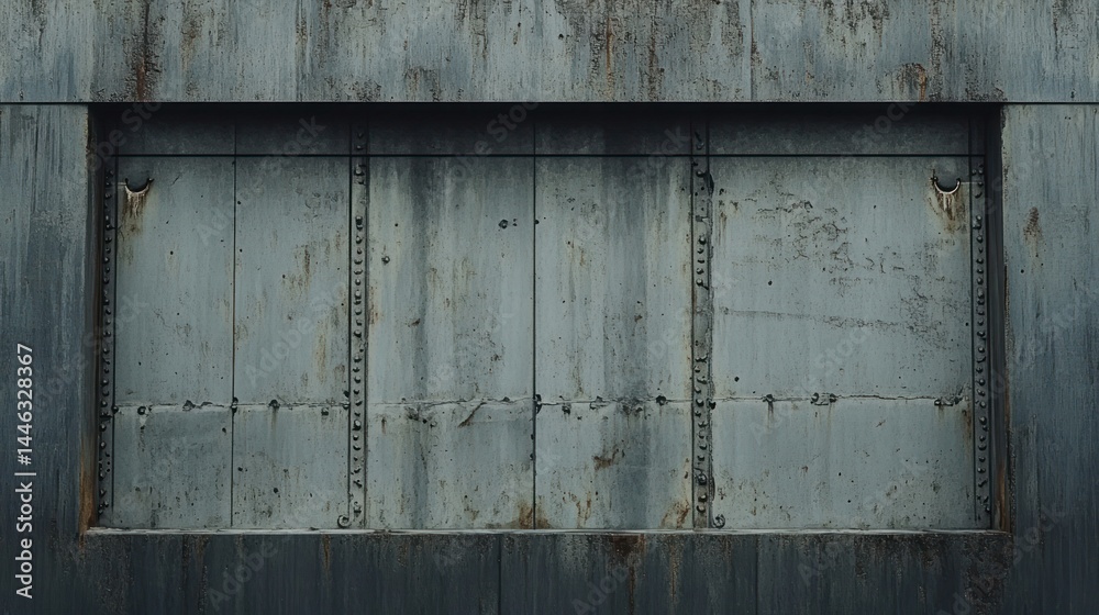Weathered metal panel door set in a larger frame, showing age and rust Weathered metal panel door set in a larger frame, showing age and rust