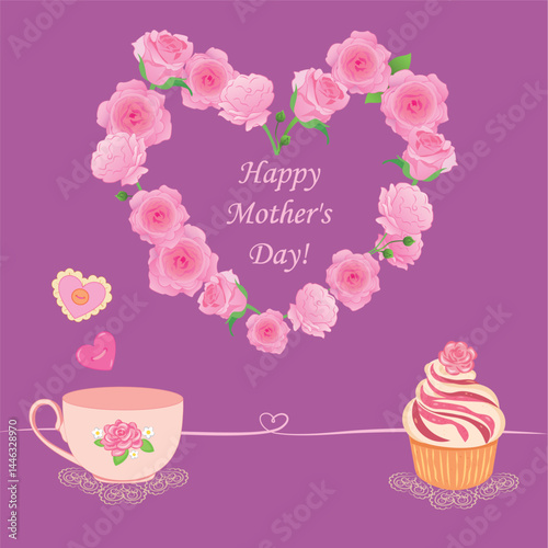 Vector cute Mother's Day card: a congratulatory inscription in a heart of roses, a cup on a lace napkin, handmade hearts, a cake with a cream rose on a light pink and purple background.