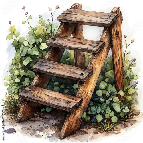 illustration of Wooden Siege Ladder, watercolor vector, isolated on a white background.