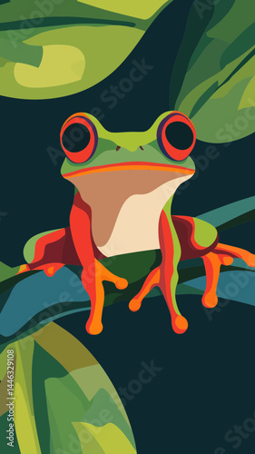 Vibrant Frog Vector Art on Leafy Background: Bold Amphibian Nature Poster Design