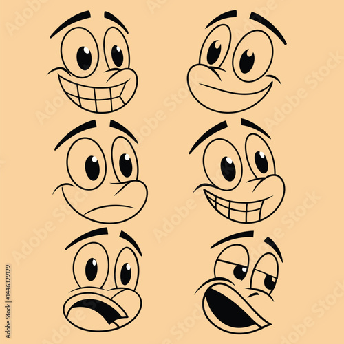 Cartoon Face Emotions Set Happy, Sad, Angry, Sleepy, Surprised, Funny Expressions