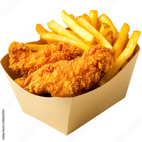 Chicken tenders and fries in container on transparent background