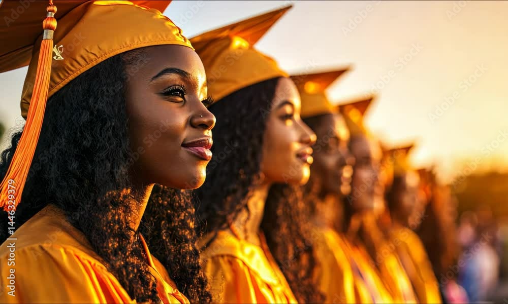 Confident diverse female graduates in golden light wearing academic gowns during ceremony video Confident diverse female graduates in golden light wearing academic gowns during ceremony video