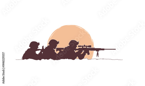 Military Sniper Team Silhouette at Sunset: Tactical Army Duty Vector Illustration