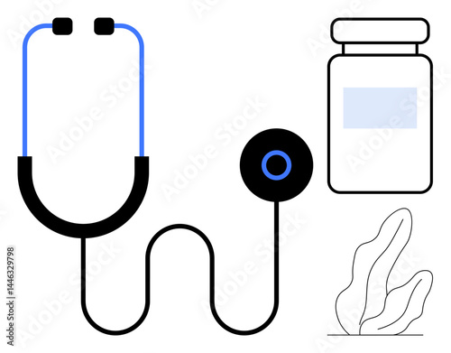 Stethoscope with blue accents, medicine bottle, and abstract leaves. Ideal for health, diagnostics, care, wellness, hospitals, pharmaceuticals simple landing page